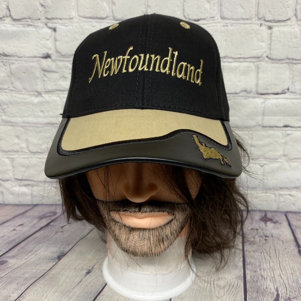 Vintage Hat Cap Strap Back Black Brown Bill Newfoundland Canada Embroidered